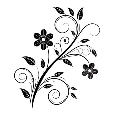 Yaprakları, çiçekleri ve girdapları olan bir sarmaşığın stilize edilmiş siyah beyaz çizimi..