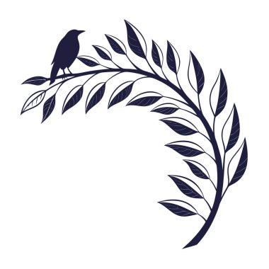 Sayısız küçük yaprakla süslenmiş, zarif kıvrımlı bir dalda dinlenen bir kuşun koyu bir silüetinin yer aldığı minimalist bir illüstrasyon..