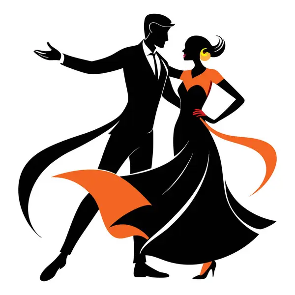 Resmi olarak siluetli bir çift dramatik bir yetenekle dans eder. Hareketleri canlı turuncu kumaş elementleriyle vurgulanır..