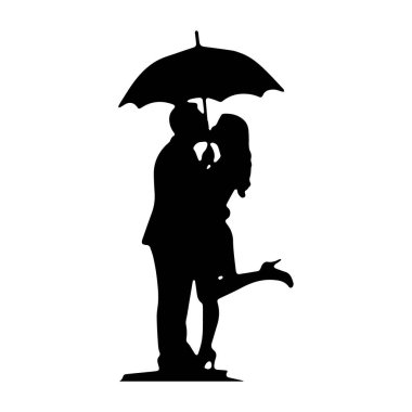Büyük bir şemsiye altında tutkulu bir şekilde öpüşen bir kadın ve erkeğin siyah silueti romantizm ve samimiyeti çağrıştırıyor..