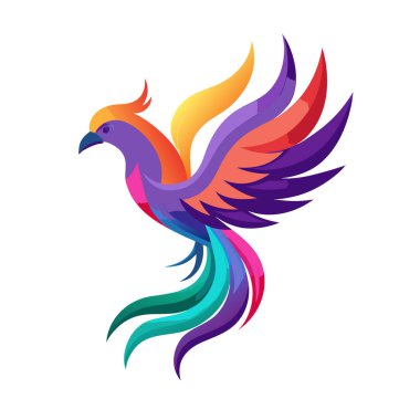 Gökkuşağı renklerinin canlı bir gradyanı içinde uçuşan kanatları ve kuyruğu olan, modaya uygun, efsanevi bir anka kuşu..
