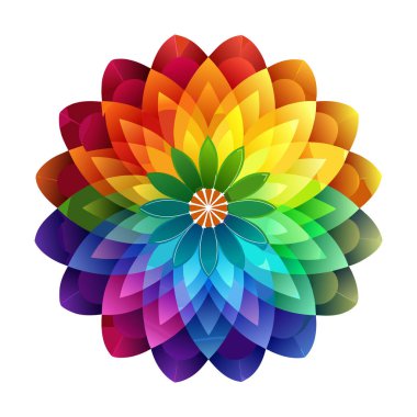 Tarzlı, çok katmanlı bir nilüfer çiçeği, merkezi bir noktadan dışa doğru yayılan canlı gökkuşağı renkleri ile çiçek açıyor..