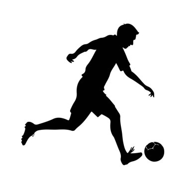 Sağ ayağıyla futbol topunu tekmeleyen siyah bir futbolcu silueti..