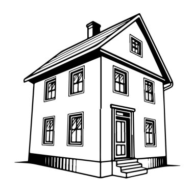 Geleneksel iki katlı, çatısı, bacası ve birden fazla penceresi olan bir evin siyah beyaz çizimi..
