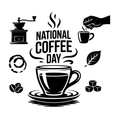 Ulusal Kahve Günü 'nde kahve fincanı, öğütücü, fasulye ve şeker küplerinin yer aldığı grafik bir illüstrasyon..