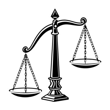 Adalet terazisinin klasik siyah-beyaz çizimi. Bir tava daha az, hukuki denge ve adaleti temsil ediyor..