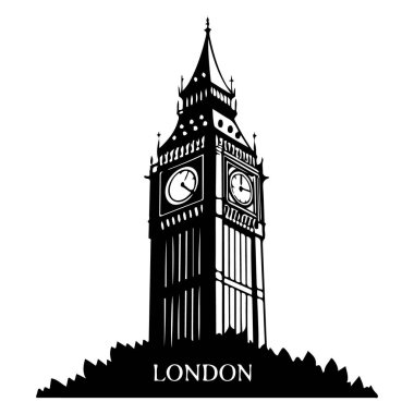Tanınan bir Londra simgesi olan ünlü Big Ben saat kulesinin siyah-beyaz silueti, temiz beyaz bir zemin üzerinde sunuluyor..