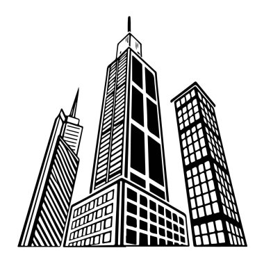 Düşük açılı üç gökdelenin çizimi, mimari detaylarını beyaz arka planda sergiliyor..