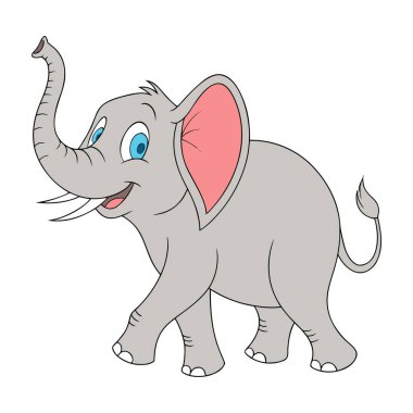 Bu büyük kulaklı, mutlu ve yürüyen bir filin basit, renkli bir çizimi..