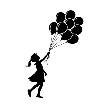 Siyah bir siluet, at kuyruklu bir kız, elbise giyiyor, neşeyle elinde bir grup siyah balon tutuyor..