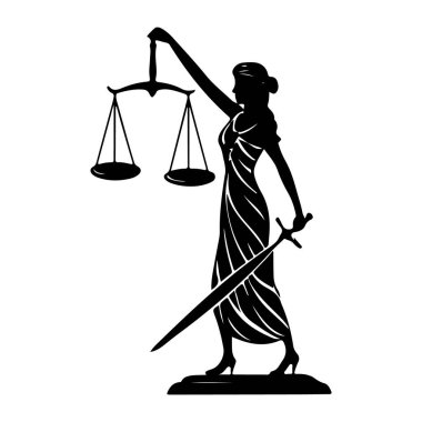 Adalet Anıtı 'nın siyah bir silueti adalet terazisi ve yanında bir kılıçla ayakta duruyor..