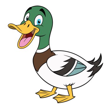 Bu mutlu bir yaban ördeğinin canlı, animasyon çizimi. Yeşil kafası ve sarı gagası belirgin özelliklerdir..