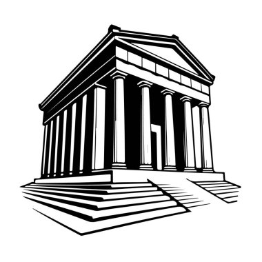 Antik Yunan tapınağının siyah ve beyaz bir çizimi, heybetli kolonları, adım girişleri ve üçgen pedikürleri sergiliyor..