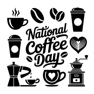 Ulusal Kahve Günü için fincan, fasulye, öğütücü ve kutlama metni de dahil olmak üzere çeşitli kahve temalı elementleri içeren grafik tasarımı.