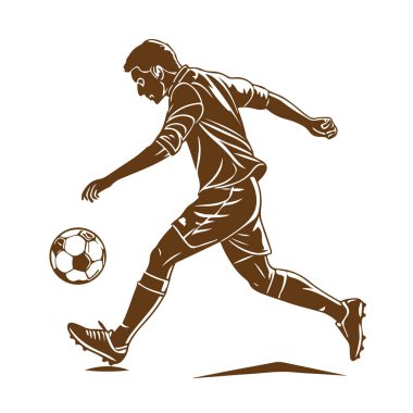 Sanatsal bir illüstrasyon, bir futbolcuyu dinamik bir pozda, orta vuruşta, stilize ve enerjik bir efektle yakalar..