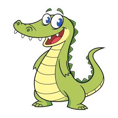 Bu sevimli, arkadaş canlısı çizgi film timsahı arka ayaklarının üzerinde duruyor, mutlu bir ifadeyle sola bakıyor..