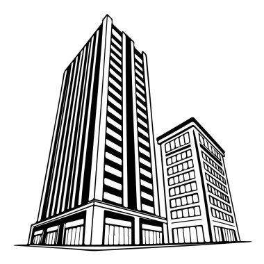 Çarpıcı bir siyah beyaz çizim, biri uzun ve ince, diğeri kısa ve geniş olmak üzere iki farklı ofis binasını boş bir arkaplan üzerinde tasvir eder..