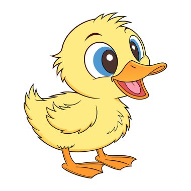 Neşeli, tüylü, sarı bir ördek yavrusu. Büyük mavi gözleri ve açık gagası var. Çizgi film tarzında yapılmış..
