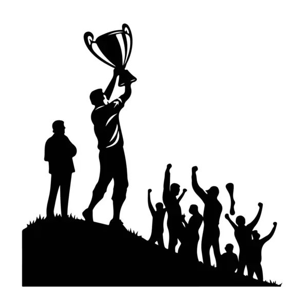 Siyah bir siluet, yükselen bir zeminde başarıyı kutlayan sevinçli figürlerle çevrili zafer kazanmış bir kişiyi resmediyor..