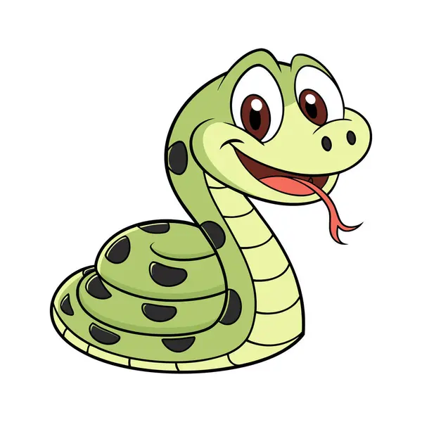 Sarmalanmış yeşil bir yılanın büyüleyici, karikatür çizimi. Büyük, anlamlı gözleri, geniş bir gülümsemesi ve çatallı dili dışarı fırlıyor..