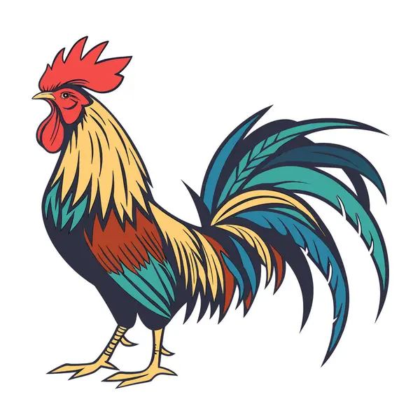 Parlak kırmızı tarağını, sarı ve kahverengi vücudunu ve çarpıcı deniz mavisi ve mavi kuyruk tüylerini sergileyen bir horozun ayrıntılı ve renkli çizimi..