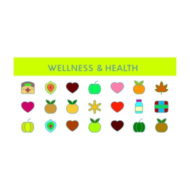 Sağlıklı yiyecekleri, doğa elementlerini ve sağIık sembollerini beyaz arka planda sıralanmış canlı, düz ikonlar..