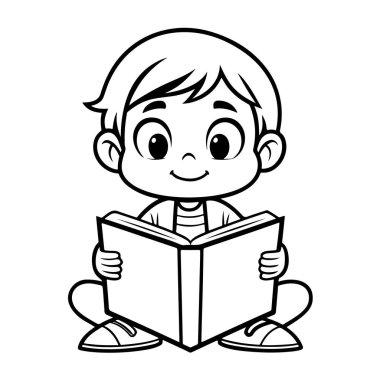Büyük gözlü neşeli bir çizgi film çocuğu elinde tuttuğu açık bir kitabı okumaya dalmış, çapraz bacaklı oturuyor..