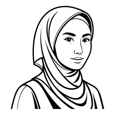 Siyah ve beyaz bir çizgi, genç bir kadını omuzlarından yukarı doğru, tesettüre girmiş ve nazikçe ileriye doğru bakan bir ifadeyle tasvir eder..