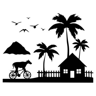 Şakacı bir siluet, palmiye ağaçları, bir ev ve beyaz bir arka plan üzerinde kuşlar ile bisiklet üzerinde bir at tasvir eder.