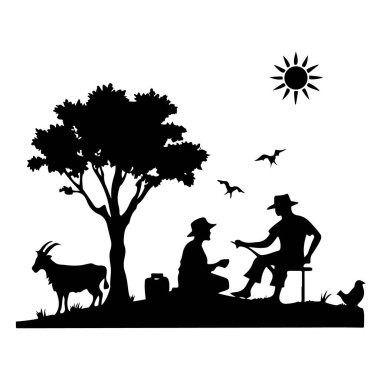 Siyah bir siluet, bir ağacın altında dinlenen iki insanın, bir keçinin ve güneşli gökyüzünde uçan kuşların olduğu huzurlu bir kırsal görüntü tasvir ediyor..