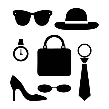 Güneş gözlüğü, şapka, saat, el çantası, kravat ve yüksek topuklu ayakkabı gibi çeşitli siyah siluet modadan oluşan grafik bir tasvir..