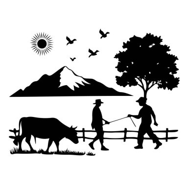 Çiftçi siluetleri, bir inek, bir dağ, bir ağaç ve kuşlar kırsal bir çiftlik sahnesini resmediyorlar..