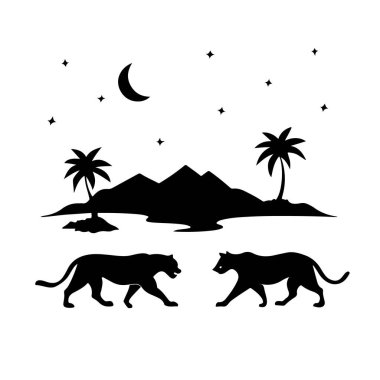 İki siyah panter silueti birbirine doğru yürür palmiye ağaçları, dağlar ve yıldızlı bir gece göğü üzerinde..