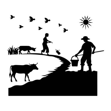 Siyah siluet, çiftlik hayvanlarını ve ekinlerini kuşların uçtuğu kırsal bir alanda ve parlak bir güneşin altında tasvir ediyor..