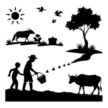 Siluetler bir çiftçi ve çocuğu, bir ineğin otlamasını, bir atı, bir ağacı ve kırsal alandaki kuşları betimler..