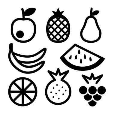 Elle çizilmiş meyve ikonları arasında elma, ananas, armut, muz, karpuz, portakal dilimi, nar ve böğürtlen var..