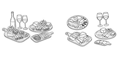 Şık Şarap ve Yemek Düzenleme Vektör Seti. Peynir, Üzüm, Ekmek, Et ve Şarap Kadehleri.