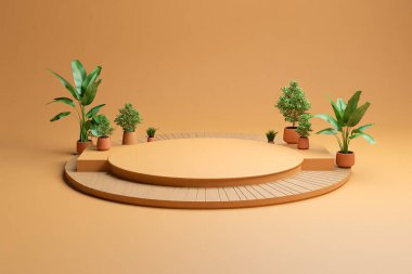 Minimum geometrik formların 3 boyutlu görüntülenmesi. Tasarımın için parlak bir podyum. Bitkilerle Ürün Gösterimi için Minimalist 3D Podyum.