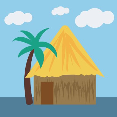 Tropik cennet köşkü, palmiye ağacı ve parlak mavi gökyüzünün altında bulutlar.