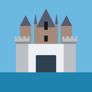 Düz kale ikonu, düz stil. Basitleştirilmiş Vektör Kale Tasarımı Üçgen Taretler ve Mavi Gök 'e Karşı Merkezi Kapı.