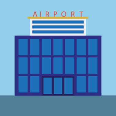 Uçak vektör çizimi olan düz bir havaalanı terminali. Biçimlendirilmiş Havalimanı İllüstrasyon Mavi Pencereli İki Hikaye Binası ve Açık Mavi Arkaplan Karşısında Kalın Harfler
