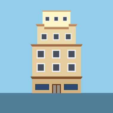 Binanın düz simgesi. Windows Düz Tasarım Mimarisi ile Biçimli Üç Hikaye Biçimlendirme Mavi Gökyüzüne Karşı Vektör Sanat Biçimi.