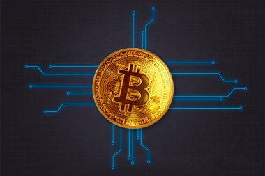 Altın bitcoin kripto para biriminin dijital arkaplanı 3D görüntüleme