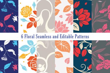 A set of 6 Editable Floral Seamless Vector Pattern with different flower theme for digital & print purpose