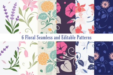 A set of 6 Editable Floral Seamless Vector Pattern with different flower theme for digital & print purpose