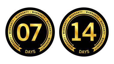 Ürün garantisi ve etiket simgeleri için kullanılan 7 ve 14 günlük siyah ve altın garanti rozetleri.