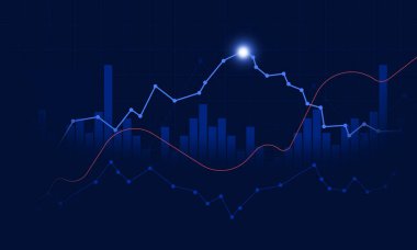 Finansal analiz için geceleri koyu mavi arkaplan üzerinde çoklu veri çizgileri ve çubukları gösteren dijital bir borsa grafiğinde aydınlatılmış nokta