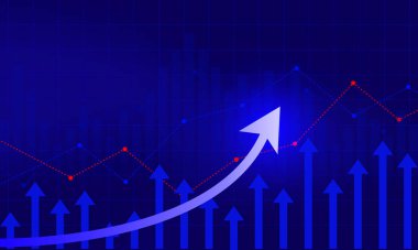İşletme büyümesi kavramı, dijital mavi arkaplandaki çizgi ve çubuk üzerinde yukarı doğru ok göstererek finansal başarıyı temsil eder