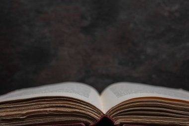 Çerçevenin altına yerleştirilmiş, neredeyse simetrik olarak fotoğraflanmış antika bir kitap. Ön plandaki pürüzlü, pürüzlü sayfalara sığ alan derinliği nedeniyle bulanık metinlerle odaklan. Metin için boş alanı olan koyu dokulu arkaplan.