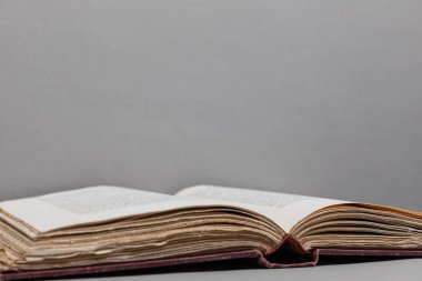 Düz olmayan, pürüzlü sayfalara odaklanmış bir açıyla çekilmiş eski bir kitabı aç. Sığ alan derinliği metni bulanıklaştırıyor. Açık gri arkaplan, eski kumaş ve eski kağıt ile çelişiyor. Kitabın üzerindeki metin veya dizayn için boş boşluk.